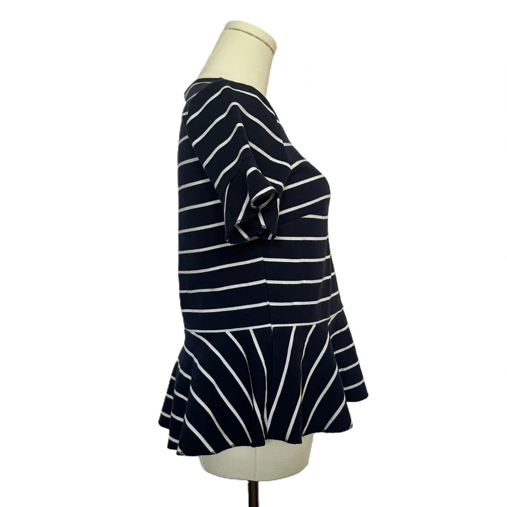 J.Crew Navy Striped Peplum Top Short Sleeves Round Neck Cotton Womens Size S - Picture 2 of 6